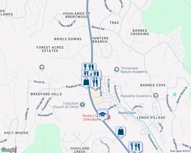 map of restaurants, bars, coffee shops, grocery stores, and more near 7001 Lenox Village Drive in Nashville