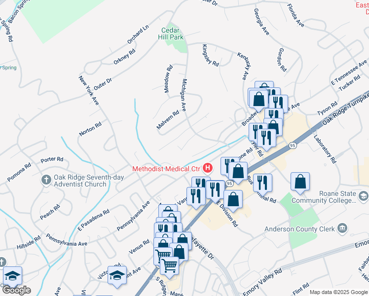 map of restaurants, bars, coffee shops, grocery stores, and more near 111 West Magnolia Lane in Oak Ridge