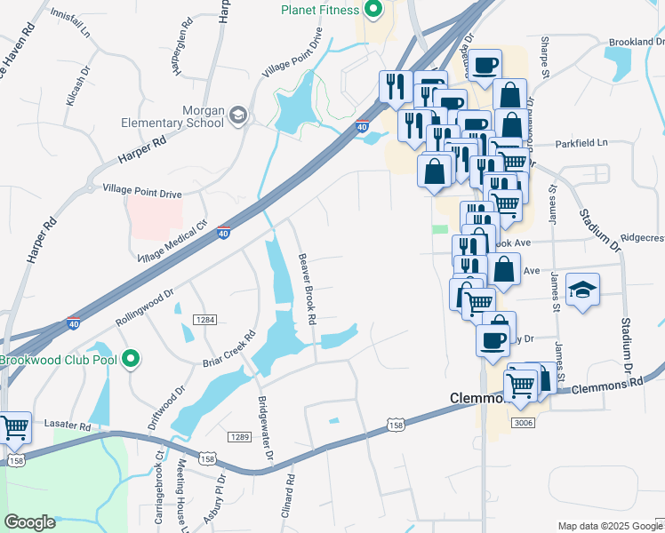 map of restaurants, bars, coffee shops, grocery stores, and more near 6645 Springfield Drive in Clemmons