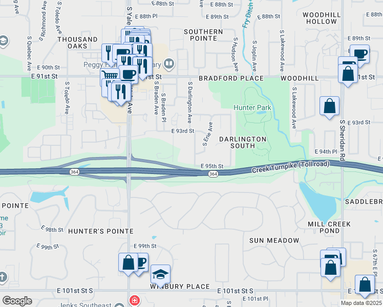 map of restaurants, bars, coffee shops, grocery stores, and more near 9505 South Canton Avenue in Tulsa