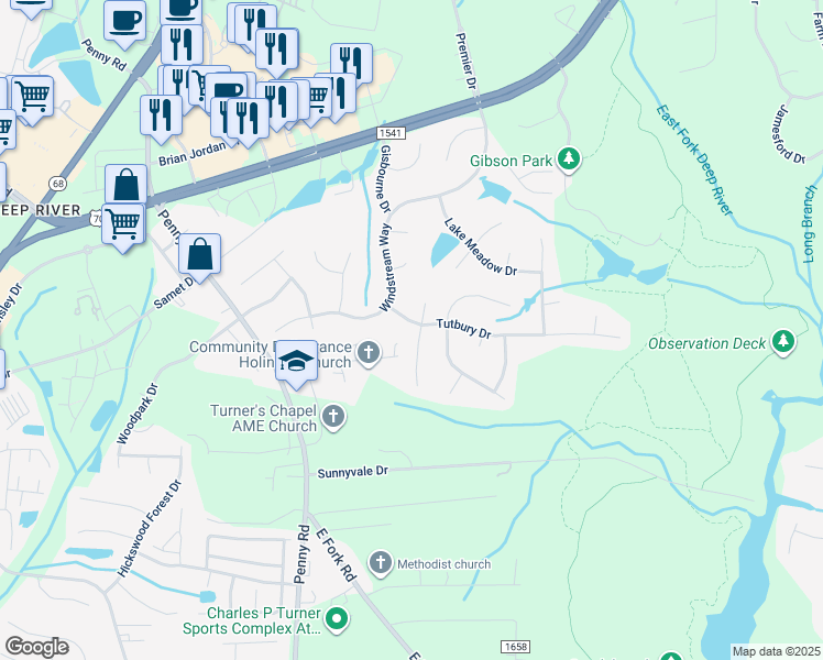 map of restaurants, bars, coffee shops, grocery stores, and more near 7608 Horney Road in High Point
