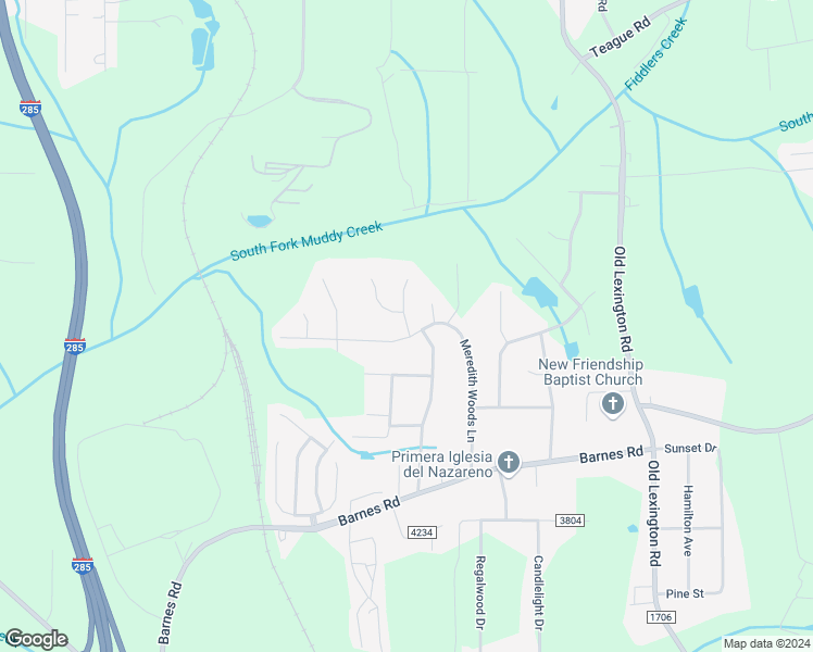 map of restaurants, bars, coffee shops, grocery stores, and more near Muddy Creek Drive in Winston-Salem