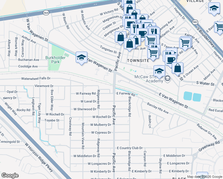 map of restaurants, bars, coffee shops, grocery stores, and more near 119 East Van Wagenen Street in Henderson