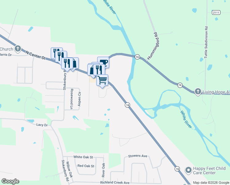 map of restaurants, bars, coffee shops, grocery stores, and more near 1860 North Center Street in Elkins