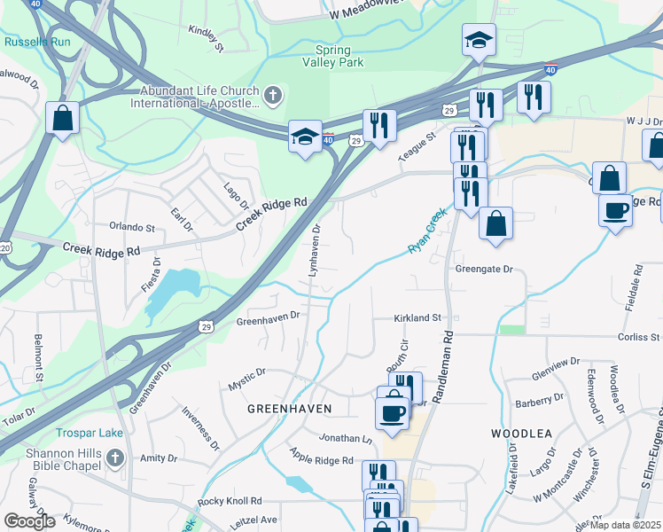 map of restaurants, bars, coffee shops, grocery stores, and more near 3531 Lynhaven Drive in Greensboro
