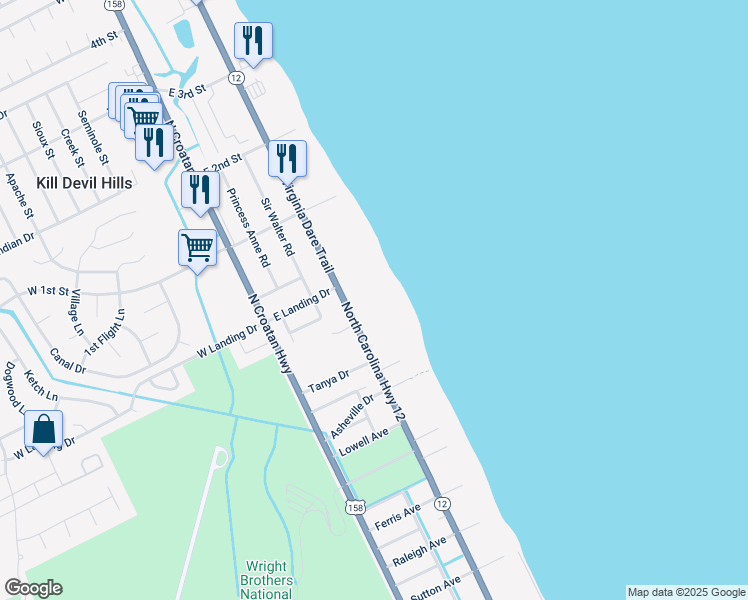 map of restaurants, bars, coffee shops, grocery stores, and more near 1401 3-C N Va Dare Trail in Kill Devil Hills
