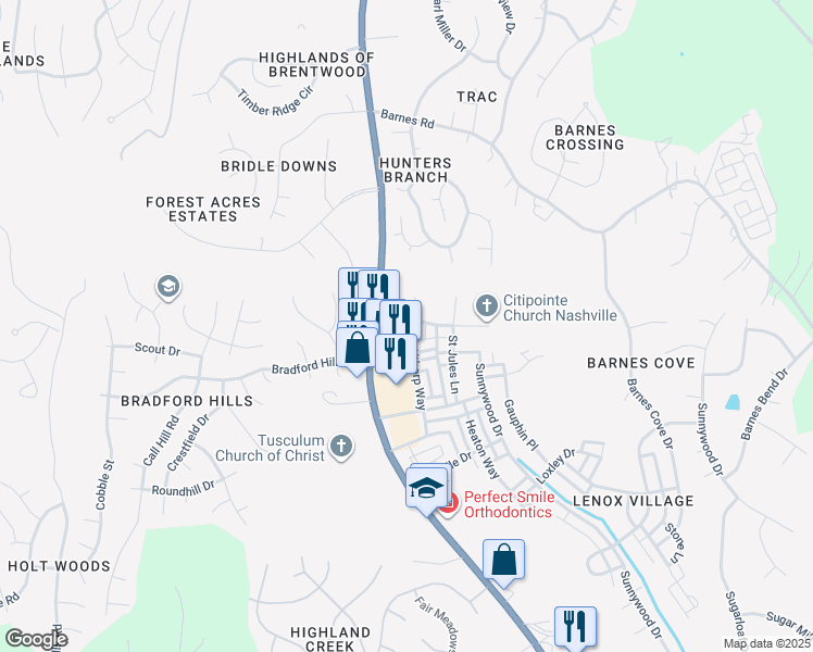 map of restaurants, bars, coffee shops, grocery stores, and more near 7003 Lenox Village Drive in Nashville