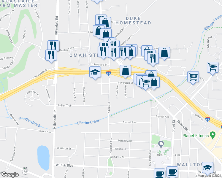 map of restaurants, bars, coffee shops, grocery stores, and more near 2308 Albany Street in Durham