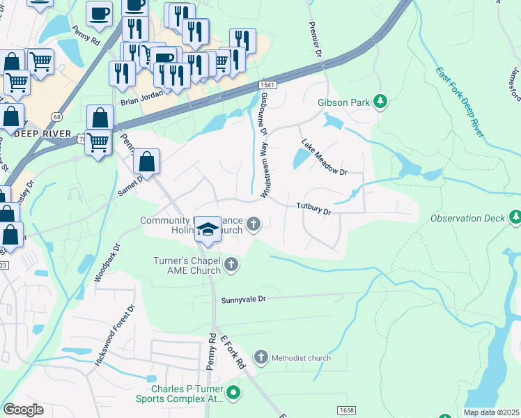 map of restaurants, bars, coffee shops, grocery stores, and more near 7608 Horney Road in High Point