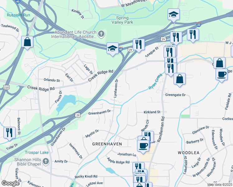 map of restaurants, bars, coffee shops, grocery stores, and more near 3527 Lynhaven Drive in Greensboro