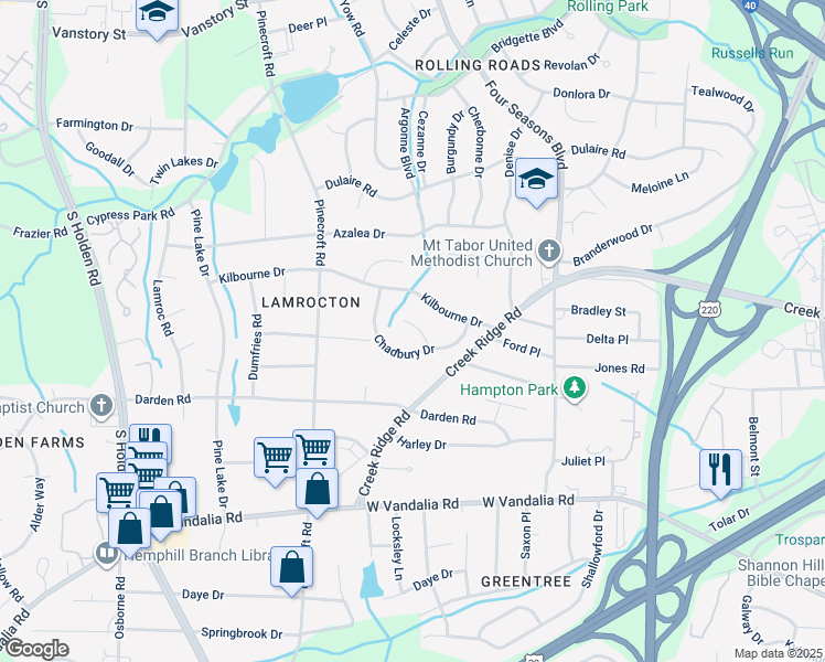 map of restaurants, bars, coffee shops, grocery stores, and more near 5 Chadbury Court in Greensboro