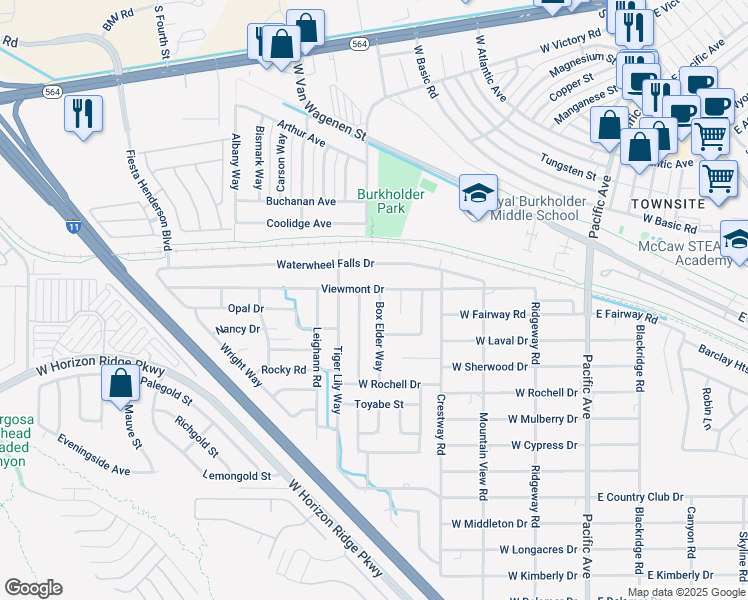 map of restaurants, bars, coffee shops, grocery stores, and more near 401 Bottle Brush Way in Henderson