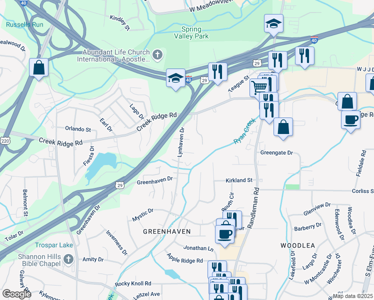 map of restaurants, bars, coffee shops, grocery stores, and more near 3529 Lynhaven Drive in Greensboro