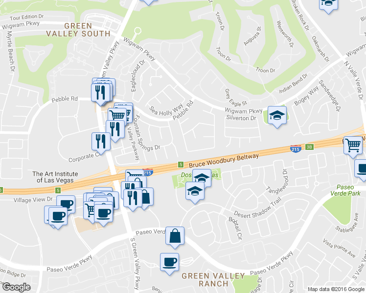 map of restaurants, bars, coffee shops, grocery stores, and more near 10 Crown Valley Drive in Henderson