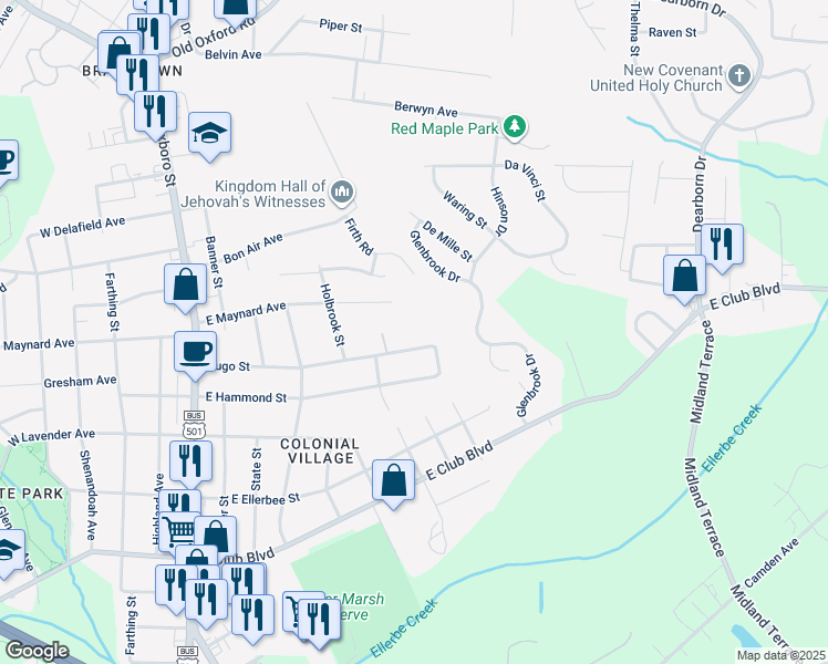 map of restaurants, bars, coffee shops, grocery stores, and more near 2810 Dominion Street in Durham