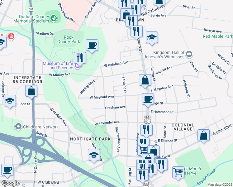 map of restaurants, bars, coffee shops, grocery stores, and more near 112 West Maynard Avenue in Durham