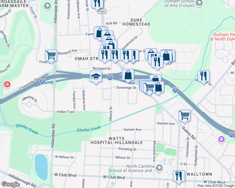 map of restaurants, bars, coffee shops, grocery stores, and more near 2212 Edwin Avenue in Durham
