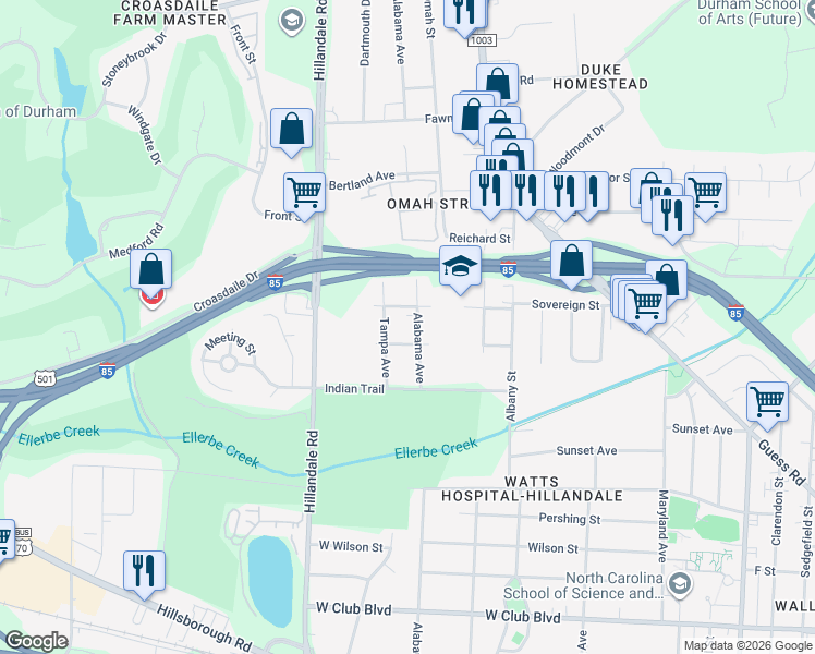 map of restaurants, bars, coffee shops, grocery stores, and more near 2304 Tampa Avenue in Durham