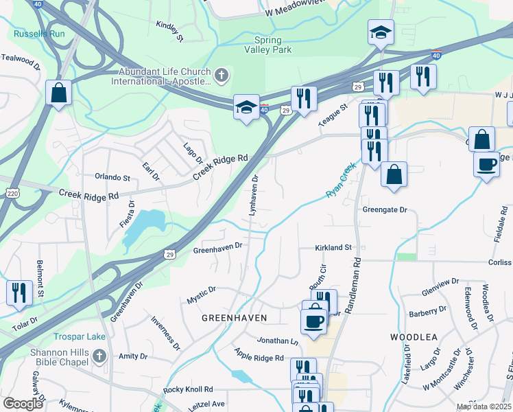 map of restaurants, bars, coffee shops, grocery stores, and more near 3527 Lynhaven Drive in Greensboro
