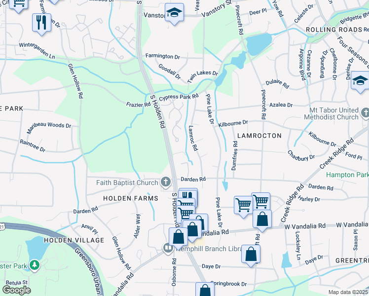 map of restaurants, bars, coffee shops, grocery stores, and more near 3005 South Holden Road in Greensboro