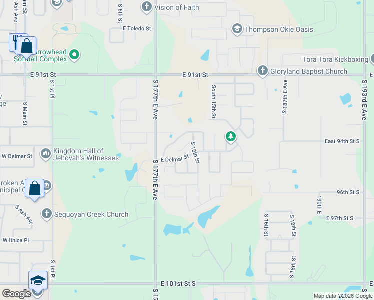 map of restaurants, bars, coffee shops, grocery stores, and more near 1301 East Canton Street South in Broken Arrow