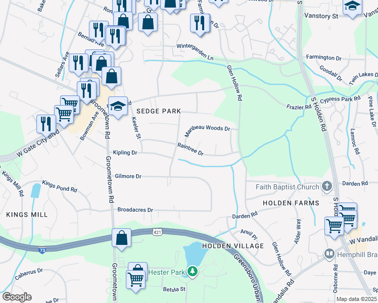 map of restaurants, bars, coffee shops, grocery stores, and more near 3843 Maribeau Woods Court in Greensboro