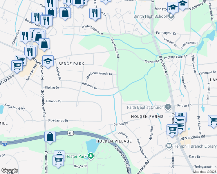 map of restaurants, bars, coffee shops, grocery stores, and more near 9 Raintree Court in Greensboro