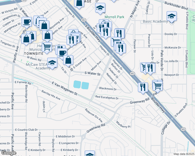 map of restaurants, bars, coffee shops, grocery stores, and more near 483 Hazel Street in Henderson