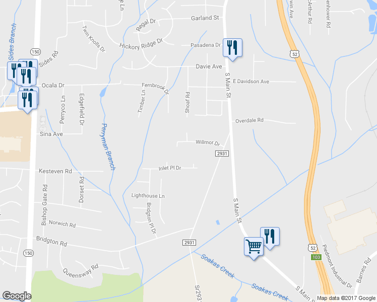 map of restaurants, bars, coffee shops, grocery stores, and more near 138 Willmor Drive in Winston-Salem
