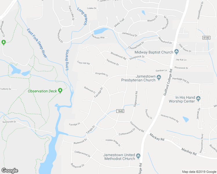 map of restaurants, bars, coffee shops, grocery stores, and more near 604 Tangle Drive in Jamestown