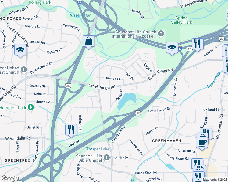 map of restaurants, bars, coffee shops, grocery stores, and more near 3501 Ravendale Drive in Greensboro