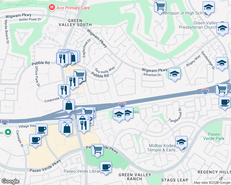 map of restaurants, bars, coffee shops, grocery stores, and more near 10 Crown Valley Drive in Henderson