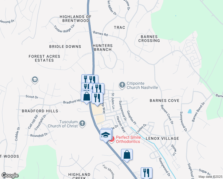map of restaurants, bars, coffee shops, grocery stores, and more near 7517 Lords Chapel Drive in Nashville