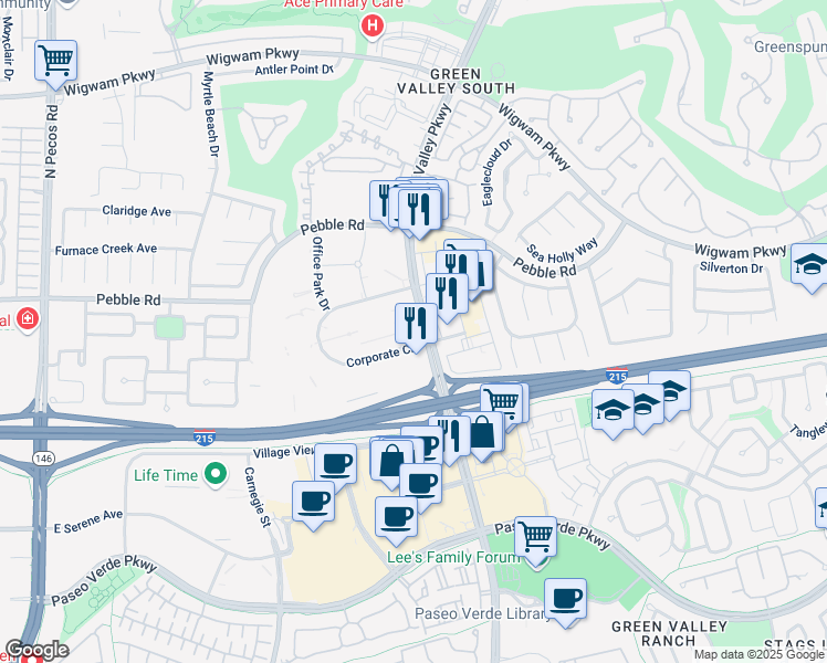 map of restaurants, bars, coffee shops, grocery stores, and more near 701 North Green Valley Parkway in Henderson