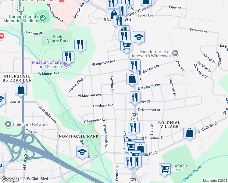 map of restaurants, bars, coffee shops, grocery stores, and more near 101 East Maynard Avenue in Durham