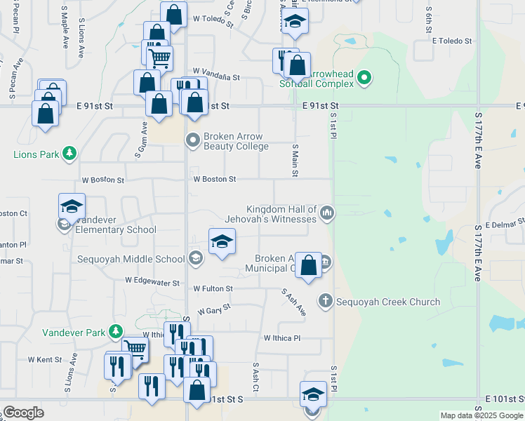map of restaurants, bars, coffee shops, grocery stores, and more near 2201 South Ash Court in Broken Arrow