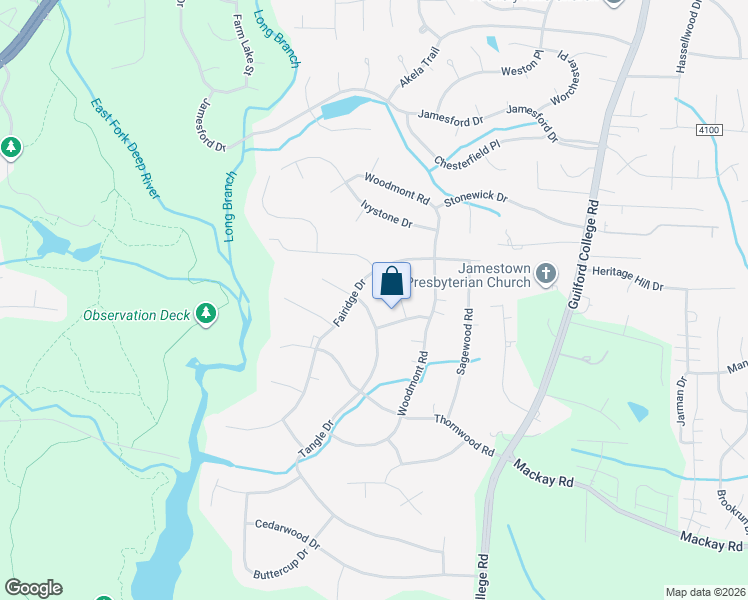 map of restaurants, bars, coffee shops, grocery stores, and more near 604 Tangle Drive in Jamestown