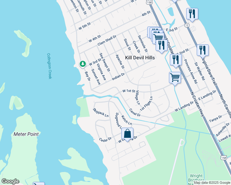 map of restaurants, bars, coffee shops, grocery stores, and more near 602 West 1st Street in Kill Devil Hills