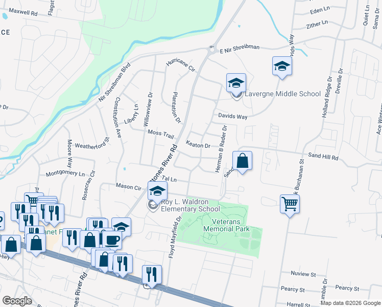 map of restaurants, bars, coffee shops, grocery stores, and more near 2011 Keaton Drive in La Vergne