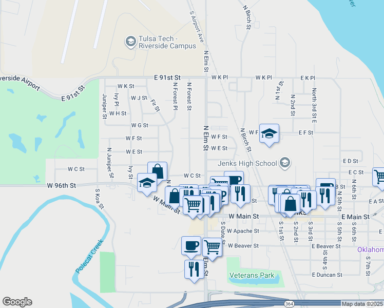 map of restaurants, bars, coffee shops, grocery stores, and more near 446 North Forest Street in Jenks