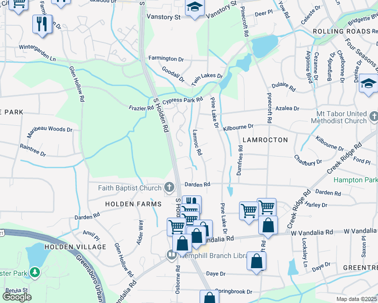 map of restaurants, bars, coffee shops, grocery stores, and more near 3005 South Holden Road in Greensboro