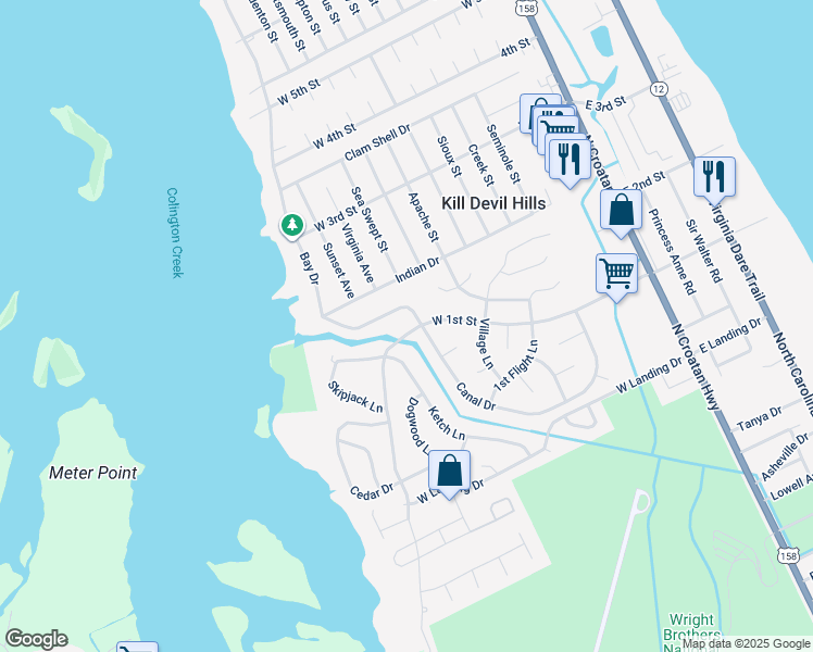 map of restaurants, bars, coffee shops, grocery stores, and more near 602 West 1st Street in Kill Devil Hills