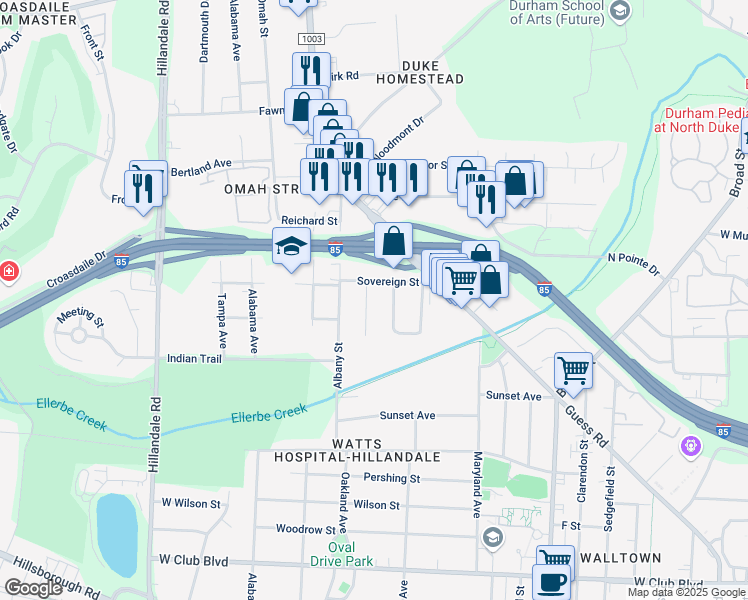 map of restaurants, bars, coffee shops, grocery stores, and more near 2212 Edwin Avenue in Durham