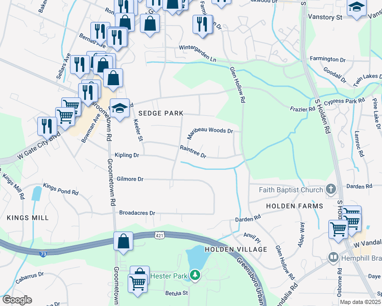 map of restaurants, bars, coffee shops, grocery stores, and more near 3843 Maribeau Woods Court in Greensboro