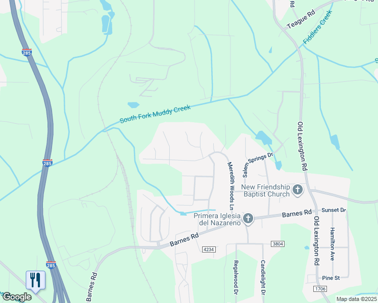 map of restaurants, bars, coffee shops, grocery stores, and more near Muddy Creek Drive in Winston-Salem
