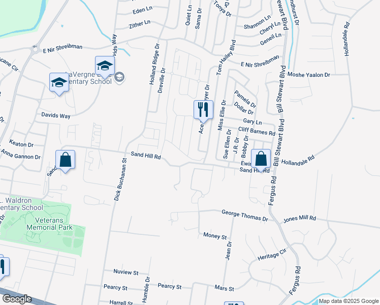 map of restaurants, bars, coffee shops, grocery stores, and more near 8043 Logan Drive in La Vergne