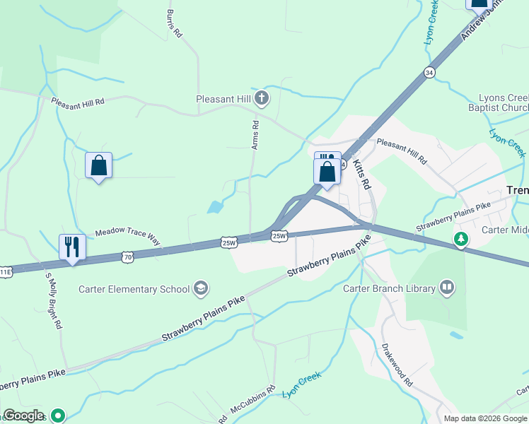 map of restaurants, bars, coffee shops, grocery stores, and more near 108 Arms Road in Knoxville