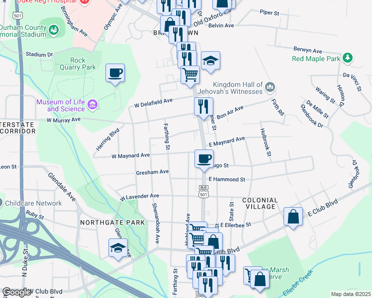 map of restaurants, bars, coffee shops, grocery stores, and more near 117 East Maynard Avenue in Durham