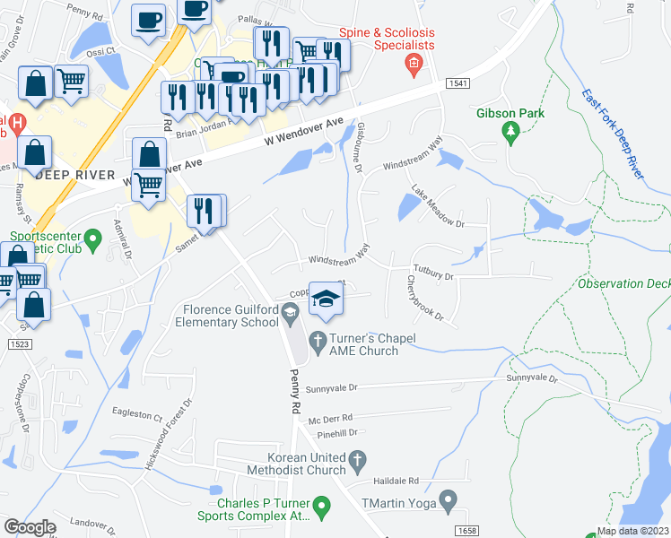 map of restaurants, bars, coffee shops, grocery stores, and more near 3780 Windstream Way in Jamestown