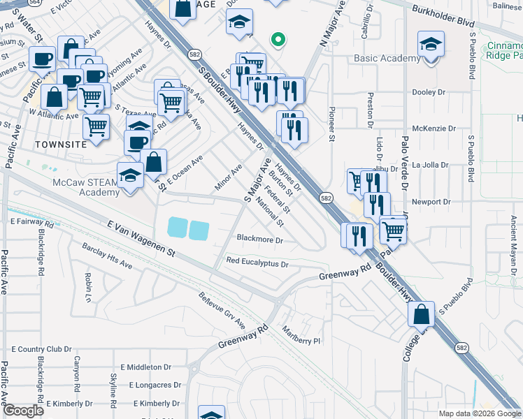 map of restaurants, bars, coffee shops, grocery stores, and more near 540 National Street in Henderson
